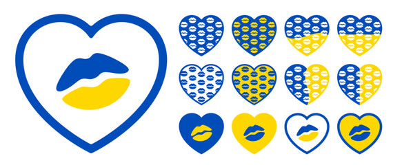 Set of heart shape stickers with lip print pattern for Ukraine support. Save Ukraine icon is a patriotic concept in the Ukrainian colors. Vector graphic illustration for social media design