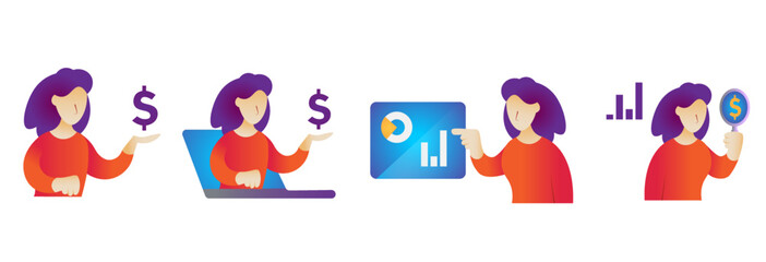Fototapeta premium Set of 4 Economy, finance concepts (Stock trading, online commerce, market research, business charts) colorful vector illustration design. Version 2.