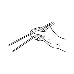 Japanese chopsticks. Hand with Chinese Sticks. Bamboo Chopsticks. Asian cuisine. Vector flat outline icon illustration isolated on white background.