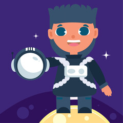 Happy male astronaut cartoon character on the moon Vector