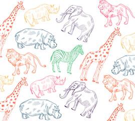 Savanna animals sketch pattern design. Hand drawing suitable for printing. Rhino,Giraffe,Hippo,Elephant,Lion,Zebra