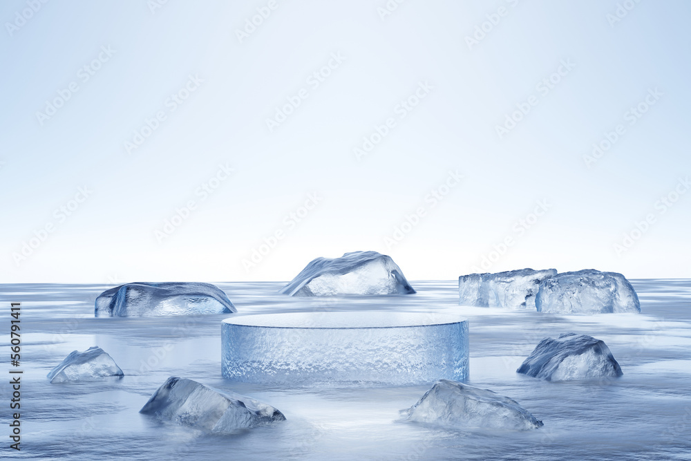 Aufkleber 3d render platform background and empty round stage ice podium on ice snow ground with ice rock and 