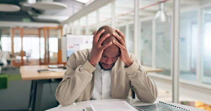 black business man, headache and stress working in office for marketing report deadline, employee burnout and anxiety. African worker, mental health and frustrated for documents crisis or problem