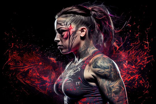 double exposure photo realistic illustration of well trained crossfit athletic woman with a ripped muscular feminine female body, generative ai