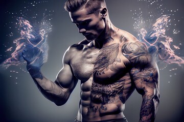 Plakat double exposure photo realistic illustration of well trained crossfit athlete man with a ripped masculine male body, generative ai