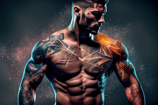 Free art print of Man with tattooed chest and arms. Bearded man with sexy  muscular torso. Fit model with tattoo design on skin. Sportsman or athlete  with six pack and ab. Fitness