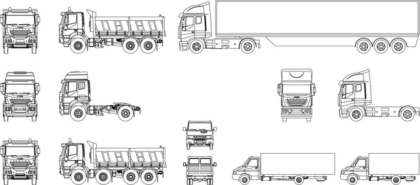 collection of multi sided large freight truck illustration sketch design