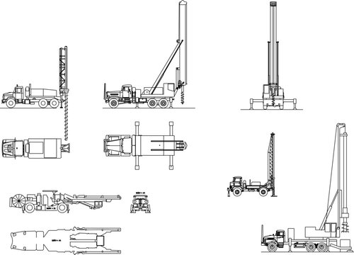 collection of vector illustration sketch designs of earth drill construction cars