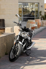 Modern motorbike parked outdoors