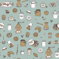 Coffee Breakfast cafe vector seamless pattern.