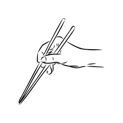 Japanese chopsticks. Hand with Chinese Sticks. Bamboo Chopsticks. Asian cuisine. Vector flat outline icon illustration isolated on white background.