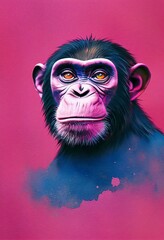 Funny adorable portrait headshot of cute chimpanzee. African land animal standing facing front. Looking to camera. Watercolor imitation illustration. AI generated vertical artistic poster.
