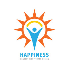Happiness concept logo design. Sun and human creative sign. Travel positive emotion icon.  Holiday wellness logo. Corporate identity. Vector illustration. 