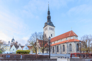 Saint Olaf church in the center of old medieval town of Tallinn in Estonia Unesco world heritage...