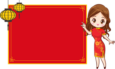 Beautiful chinese woman in traditional gown with signboard presents