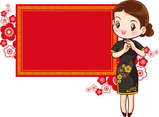 Beautiful chinese woman in traditional gown with signboard presents