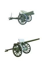 Fototapeta premium two ancient iron cannons on wheels isolated on white background