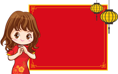 Beautiful chinese woman in traditional gown with signboard presents