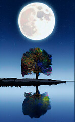 Fototapeta na wymiar Night landscape, big moon and tree- Created with Generative AI Technology