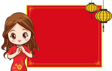 Beautiful chinese woman in traditional gown with signboard presents