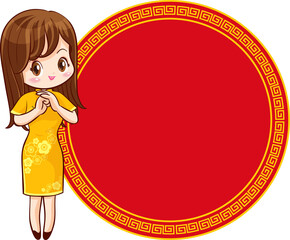 Beautiful chinese woman in traditional gown with signboard presents