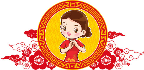 Beautiful chinese woman in traditional gown with signboard presents