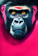 Funny adorable portrait headshot of cute gorilla. African land animal standing facing front. Looking to camera. Watercolor imitation illustration. AI generated vertical artistic poster.