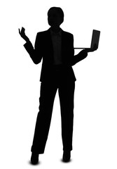 Silhouette of young businesswoman with laptop on white background