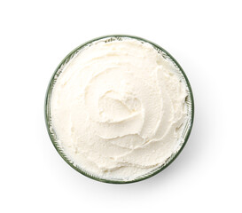 Bowl of tasty cream cheese on white background