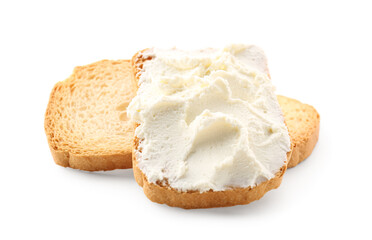 Toasts with tasty cream cheese on white background