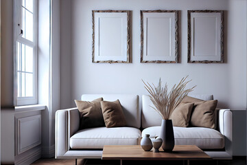 Empty frames in a modern stylish livingroom with sofa couch
