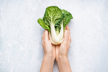 Female hands with fresh pak choi cabbage on light background