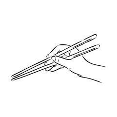 Japanese chopsticks. Hand with Chinese Sticks. Bamboo Chopsticks. Asian cuisine. Vector flat outline icon illustration isolated on white background.