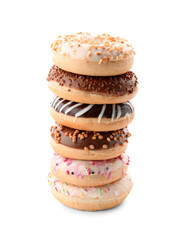 Stack of different donuts on white background