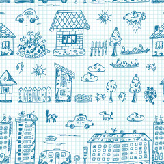 Vector Seamless pattern of doodle Cartoon houses on a sheet of exercise book