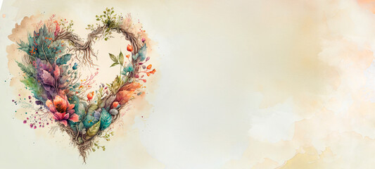 Floral watercolor heart banner. Luxury minimal style wallpaper with flower and botanical leaves.  Generative AI