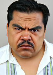 Angry latino man headshot mugshot. Image generated with generative AI - obrazy, fototapety, plakaty