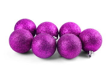 Purple Christmas balls on white background