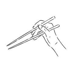 Japanese chopsticks. Hand with Chinese Sticks. Bamboo Chopsticks. Asian cuisine. Vector flat outline icon illustration isolated on white background.