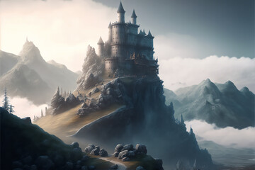 castle landscape with fog created with generative ai technology