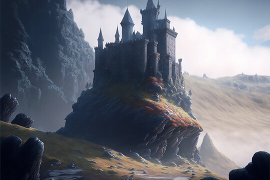 castle sunrise in the mountains created with generative ai technology