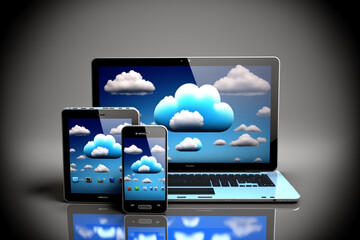 Data storage and cloud computing technology concept with digital blue cloud symbol on different devices. 3D rendering