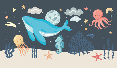 Sleeping underwater animals, vector hand drawn illustration for kid room wall mural
