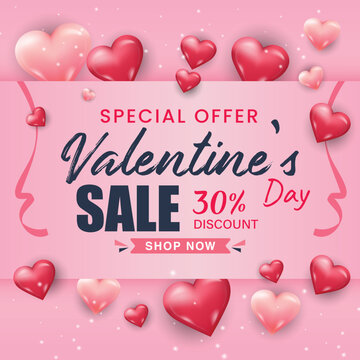 Valentines day sale vector banner. Sale discount 30% off text for valentines day shopping promotion with hearts elements in red background. Vector illustration.
