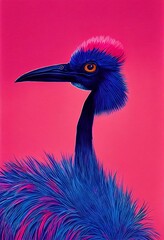 Fototapeta premium Funny portrait headshot of cute Australian Southern Cassowary bird. Australian flying animal standing facing front. Watercolor imitation illustration. AI generated vertical artistic poster.