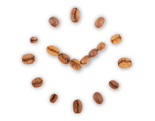 Roasted coffee beans shaped as ringing alarm clock. Coffee time concept. Isolated