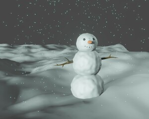 Obraz premium Winter illustration of a snowman. Snow drifts. Festive night. 3D drawing.