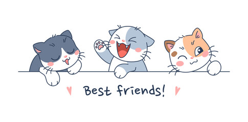 Three cute cats with different emotions and lettering best friends