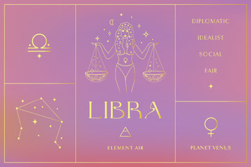 Libra Zodiac Sign Design Illustrations. Esoteric Vector Element, Icon. Golden Set.