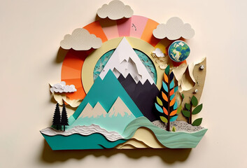 Beautiful mountain landscape trendy art paper collage design. Generative ai - obrazy, fototapety, plakaty